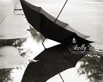 Black and White Photography- Black Umbrella Photograph, Water Reflection, Still Life Photo, Rainy Day Print, Black White Grey Wall Art