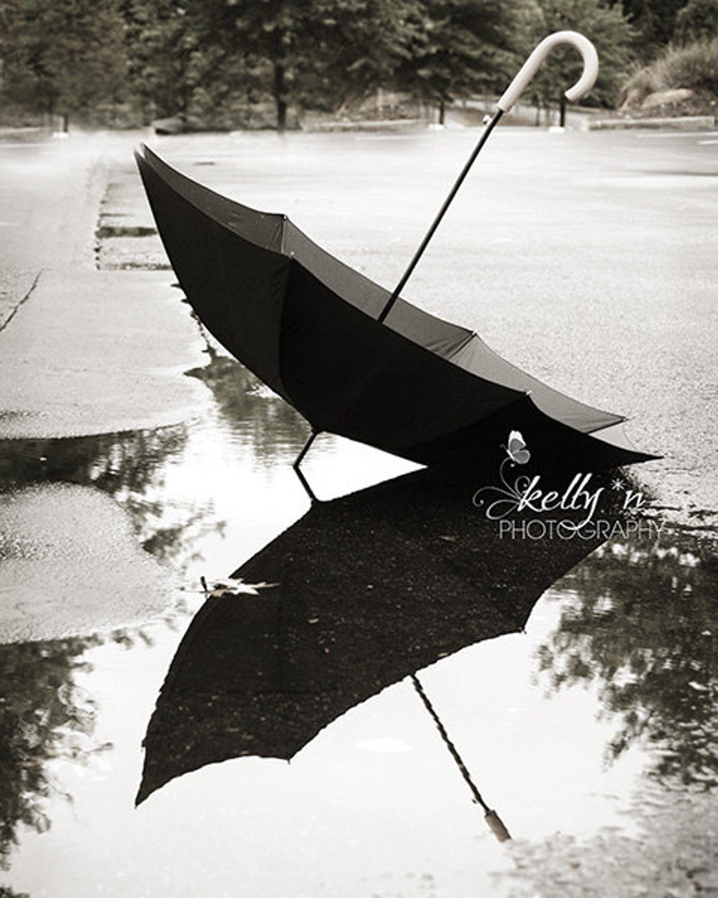 Black and White Photography Black Umbrella Photograph, Water Reflection, Still Life Photo, Rainy Day Print, Black White Grey Wall Art image 1