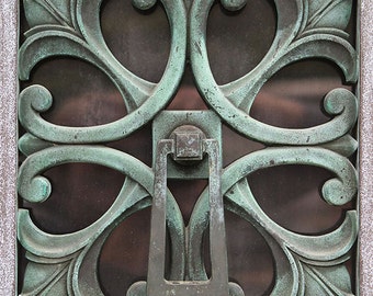 Iron Door Knocker Photography- Patina Gate Detail Photo Art Deco Ironwork Gate Detail Savannah GA, Patina Green Ornate Detail Print