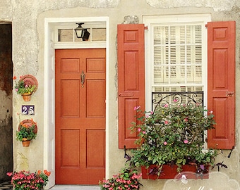 Door/Window Photography- Charleston SC Photo, Burnt Orange Shutters Door, Street Photography, Orange Cream, Door Window Wall Art,