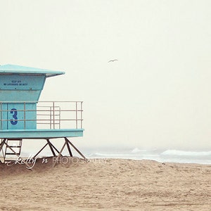 Beach Photography- Huntington Beach, Lifeguard Stand Photo, Number 3 Tower, Ocean Photography, Coastal Art, Teal Blue Tan, Beach House Decor