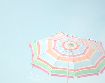 Beach Photography- Pastel Beach Umbrella Photo, Light Blue Raspberry Coral, Summer Photography, Coastal Art, Beach Cottage Decor,