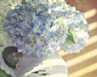 Hydrangea Photography- Flower Photography, Hydrangea Flower Print, Cottage Decor, Floral Wall Art, Still Life Photo, Blue White Tan Decor