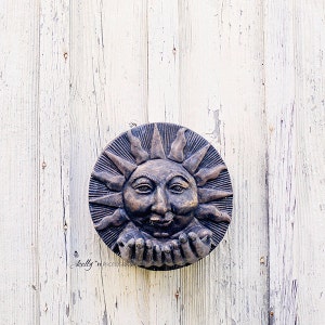Garden Photography- Sun Face Garden Plaque Photograph, Ceramic Sun Face Photo, Rustic Wall Art, Farmhouse Decor, Bronze Sun Cottage Decor,