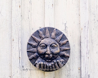 Garden Photography- Sun Face Garden Plaque Photograph, Ceramic Sun Face Photo, Rustic Wall Art, Farmhouse Decor, Bronze Sun Cottage Decor,