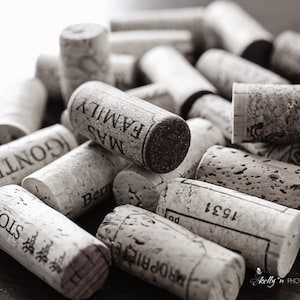 May include: A collection of used wine corks, some with visible text. The corks are made of natural cork material and are cylindrical in shape. The text on the corks includes words like "FAMILY", "STORY", and "GONTEY". The image is in black and white.