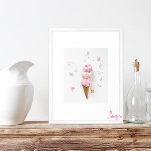 Flower Still Life Pink Peony Photograph, Whimsical Flower Art, Flower Ice Cream Cone Print, Triple Scoop Pink Flower Cone, Kitchen Decor, image 3