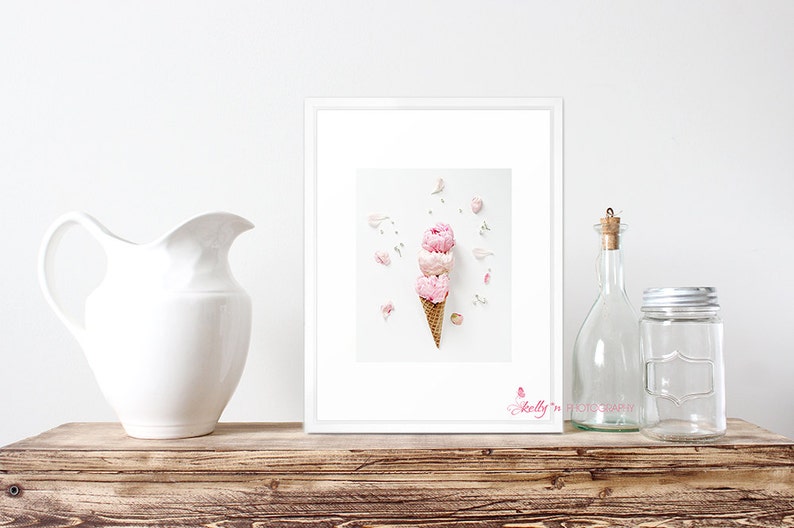 Flower Still Life Pink Peony Photograph, Whimsical Flower Art, Flower Ice Cream Cone Print, Triple Scoop Pink Flower Cone, Kitchen Decor, image 3