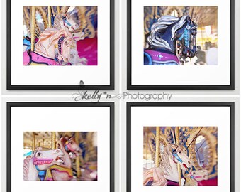 Carousel Horse Photography- Set of 4 Prints, Nursery Decor, Fair Photography, Carousel Print Set, Kids Room Decor, Fantasy Decor, Save 20%