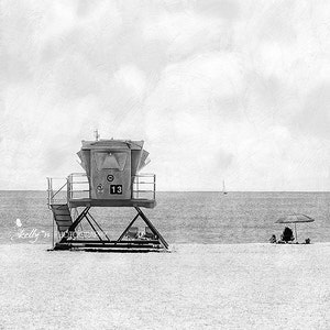 Black and White Beach Photography- California Beach Print, Doheny Lifeguard Stand, Black and White Beach Decor, Grey Beach Art, Number 13