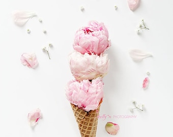 Flower Still Life- Pink Peony Photograph, Whimsical Flower Art, Flower Ice Cream Cone Print, Triple Scoop Pink Flower Cone, Kitchen Decor,