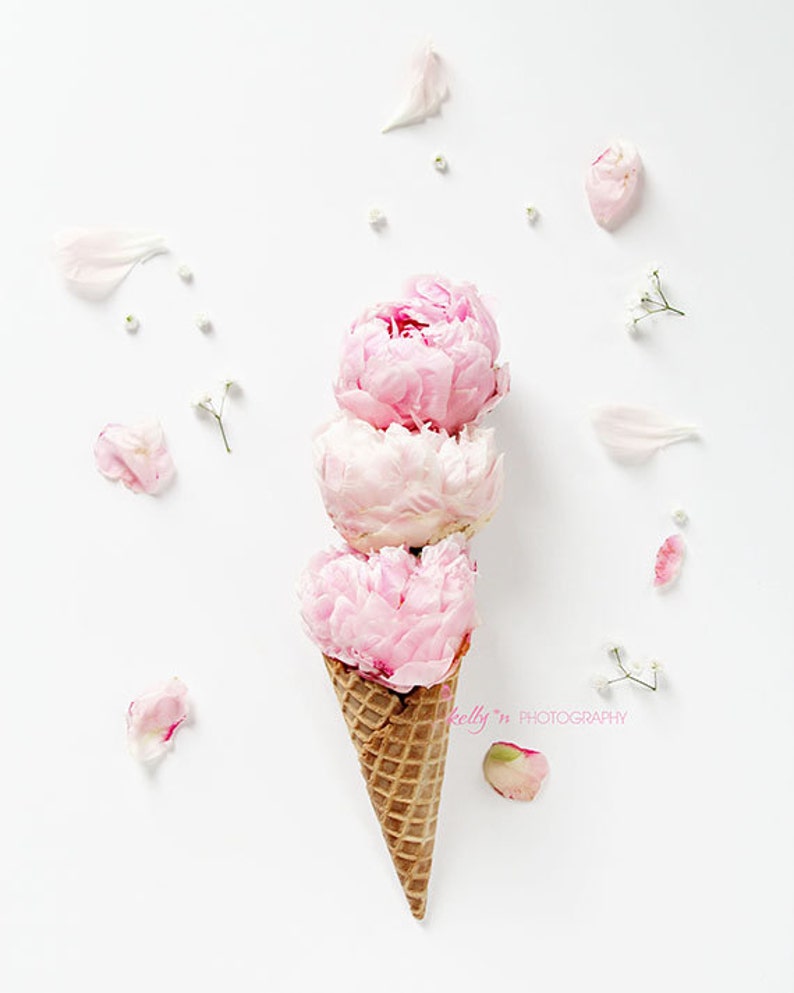 Flower Still Life Pink Peony Photograph, Whimsical Flower Art, Flower Ice Cream Cone Print, Triple Scoop Pink Flower Cone, Kitchen Decor, image 1