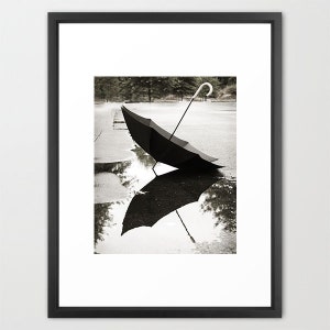 Black and White Photography Black Umbrella Photograph, Water Reflection, Still Life Photo, Rainy Day Print, Black White Grey Wall Art image 2