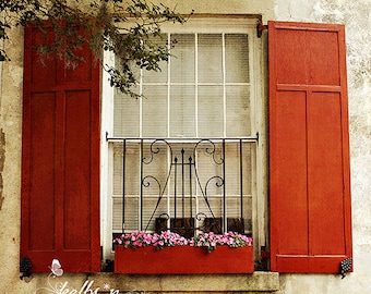 Window Photography- Charleston Window Box Print, Shuttered Window Print, Burnt Orange Shutters, Travel Photography, Charleston SC Window