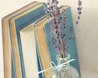 Book Photography- Vintage Books and Lavender Photo, Blue Lavender, Library Decor, Office Decor, Books and Flower Still Life Print, Book Art