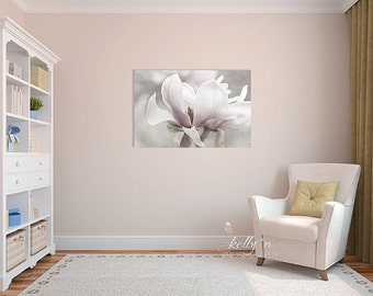 Flower Photography Canvas Gallery Wrap- Magnolia Flower Canvas Print, Soft Pink Magnolia Flower Photo, Pink Grey Wall Art, Large Canvas Art