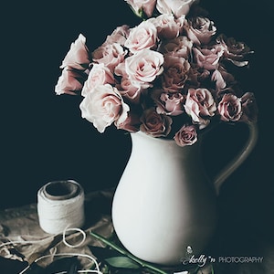 Still Life Photography- Floral Still Life, Bouquet of Roses, Pink Roses Photo, Dark Floral Modern Art, Pink White Black, Black Wall Art