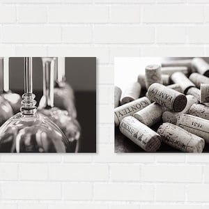 Wine Photography Two Print Set- Black and White Phtography, Wine Glasses Print, Wine Corks Print, Bar Kitchen Decor, Save 10%, Wine Art Set