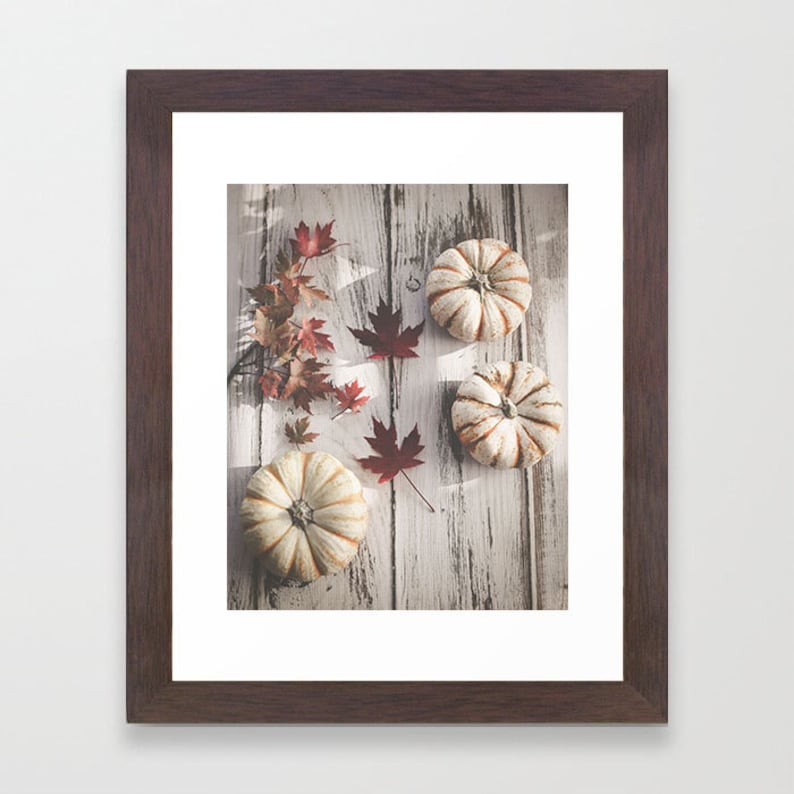 Autumn Photography Fall Decor, Pumpkins Maple Leaves Print, White Pumpkins Print, Red Maple Leaves, Autumn Still Life Photo, Cottage Decor image 2