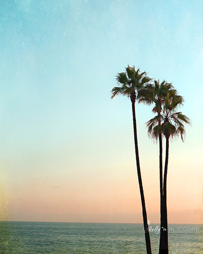 Palm Tree Photograph Laguna Beach Sunset Photo, Summer Beach Photograph, Aqua Orange, Coastal Art, Beach Decor, Tropical Palm Trees Print image 1