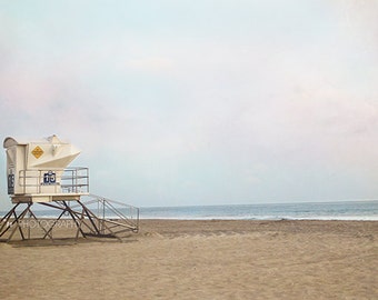 Beach Photography- Lifeguard Stand Photo, Pastel Colors, Beach Cottage Decor, Coastal Wall Art, California Beach,  Seaside, Fine Art Print