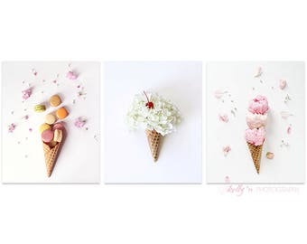 Set of Three Prints- Ice Cream Cone Photos, Still Life Photography, Flower Cones, Macaron Cone, Kitchen Cafe Decor, Nursery Decor, Save 15%