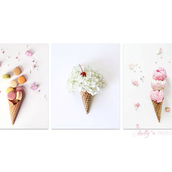 Set of Three Prints- Ice Cream Cone Photos, Still Life Photography, Flower Cones, Macaron Cone, Kitchen Cafe Decor, Nursery Decor, Save 15%