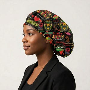 May include: A black Juneteenth patterned bouffant scrub cap. The cap features text and graphics including lions, hearts, and the words "Juneteenth", "365 Days of Year", and "Do it for the culture".