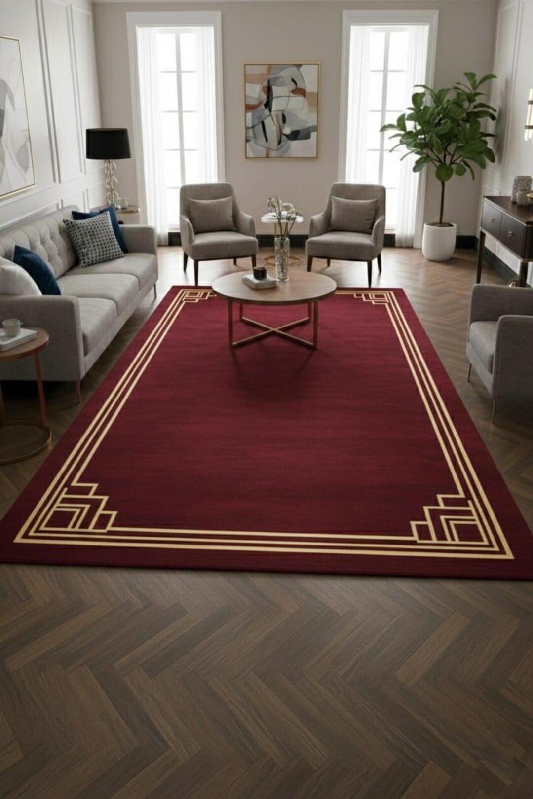 Deco Border Rugs Hand Tufted Burgundy Gold Art Deco Rug – Geometric Border Luxury Carpet ...