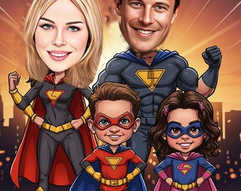 May include: Illustration of a family in superhero costumes, set against a city skyline. The image shows two adults and two children, each with a unique superhero outfit, including capes and masks. The background depicts a sunset.