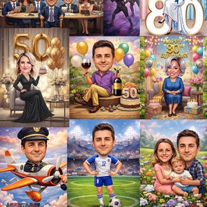 以下が含まれることがあります： グループ写真や個々の似顔絵を含む、漫画の肖像画のコレクション。画像は、誕生日パーティー、サッカー場、小さな飛行機の前のパイロットなど、さまざまな環境の人々を描いています。スタイルはカラフルで気まぐれです。