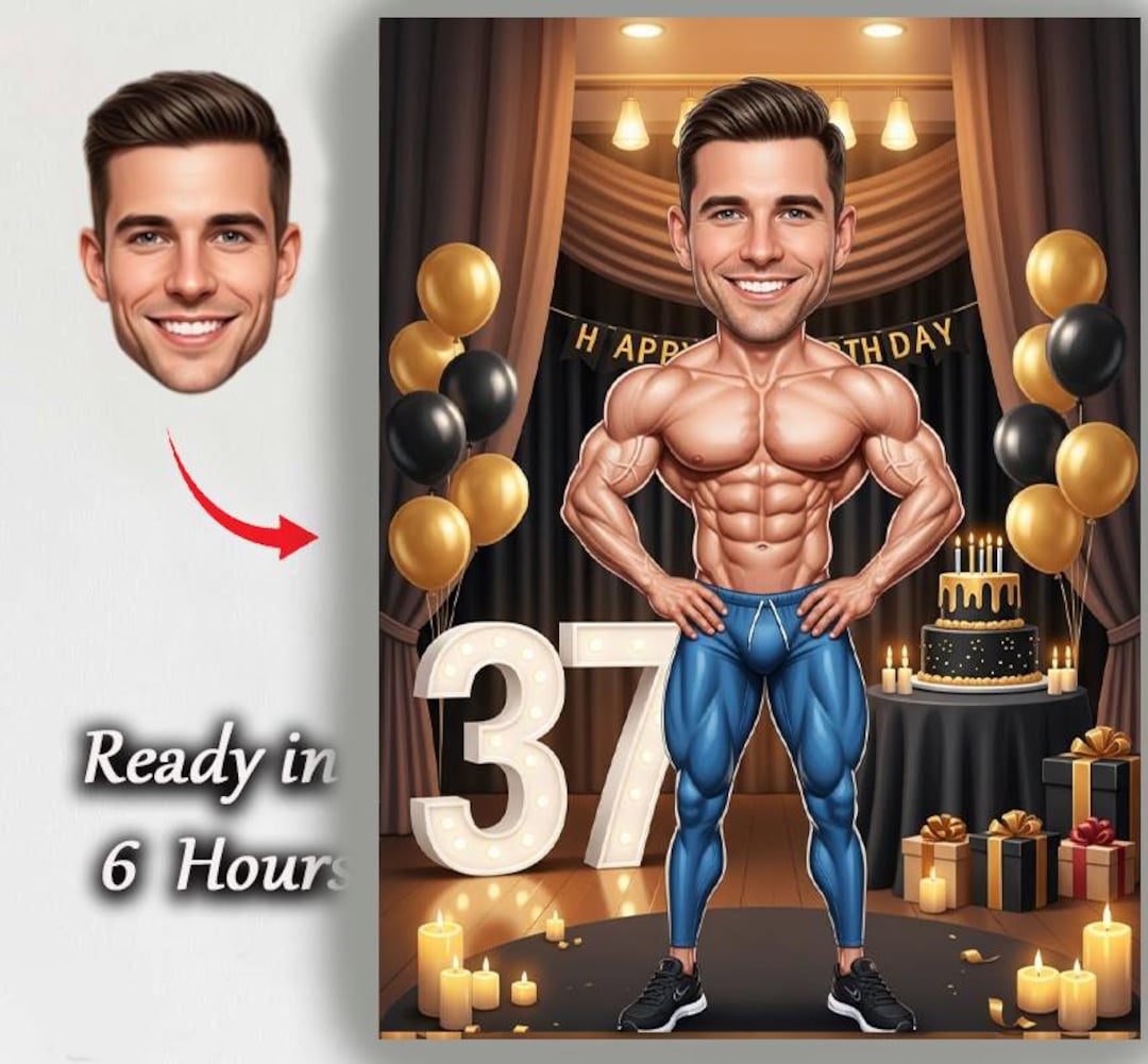 Custom 37th Man Cartoon Portrait, 37th Birthday Caricature, Birthday ...