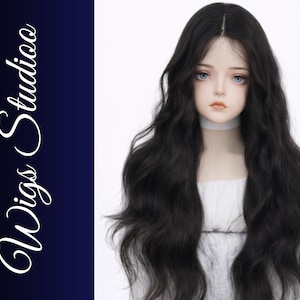 May include: A doll with long, wavy black hair and blue eyes. The doll is wearing a white dress and a white choker. The text "Wigs Studio" is on a dark blue background.