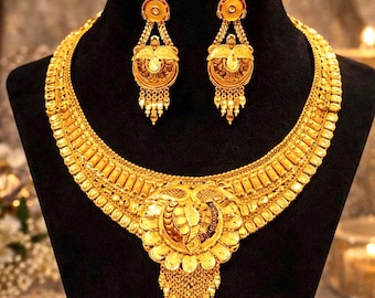 24K Solid Yellow Gold Indian Traditional Necklace, Hallmark, Handmade Bridal Choker