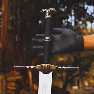May include: A sword with a metallic silver blade and a black wrapped handle. The pommel features a sculpted eagle head design, and the crossguard is made of polished brass-toned metal with a curved, symmetrical shape.