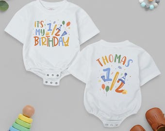 Customized Half Birthday Boy Bubble Romper, 1/2 Birthday Boy Outfit, Halfway to One Baby Clothes, Personalized Baby Romper, Milestone Boy