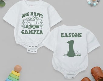 Personalized One Happy Camper Baby Romper, Retro First Birthday Baby Bodysuit, Camping Adventure Outfit, Baby shower Gift, Rainbow Theme