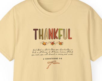 Thankful Christian Tee, 2 Corinthians 9:8 Verse, Vintage Fall Design, Thanksgiving t shirt for women
