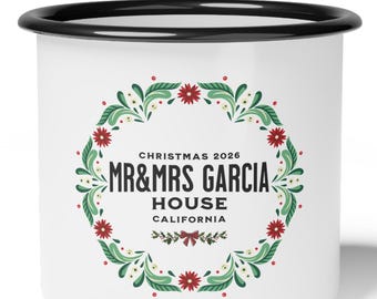Personalized Mr & Mrs Garcia Christmas Enamel Mug – Wreath Design, First Christmas