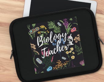 Biology Teacher Laptop Sleeve, Microscope Cells Botanical Illustration Neoprene Case