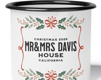 Personalized Christmas Floral Enamel Mug – Mr & Mrs Davis Couple Gift (12oz)