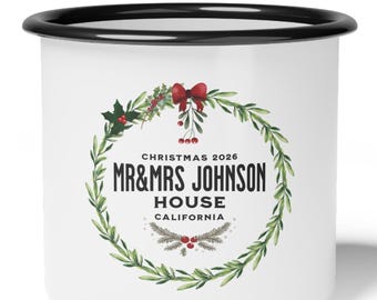 Personalized Christmas Wreath Enamel Mug – Mr & Mrs Johnson 12oz Gift