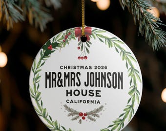 Personalized Mr & Mrs Christmas Ceramic Ornament, Wreath Design, Home Warming Gift for couple