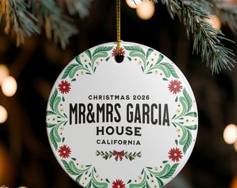 Personalized Ceramic Christmas Ornament, Custom Name Wreath Design, Housewarming Gift for couple