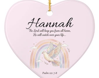 Personalized Ceramic Heart Ornament, Pastel Dove, Rainbow, Scripture (Baby Shower Gift), Hannah Items