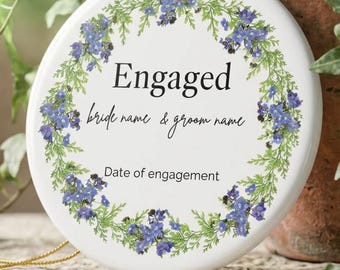 Engaged Ornament, Floral Wreath Ceramic Engagement Keepsake, Newly engaged Memory Gift, Personalized Couple Gift