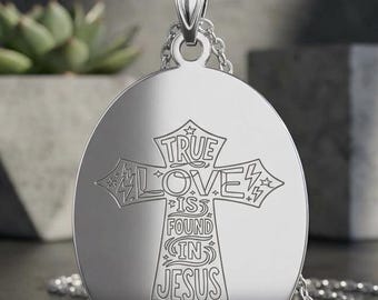 Engraved Cross Oval Pendant – Stainless Steel, Gold Plated, Sterling Silver, Christian Jewelry