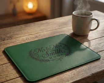 Conservative Mr & Mrs Leather Placemat, Personalized olive green Name Home Table Decor, Smith items