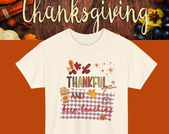 Thankful Teacher T-Shirt, Autumn Gingham Leaves Design, Cotton Tee, Thanksgiving gift for female teacher