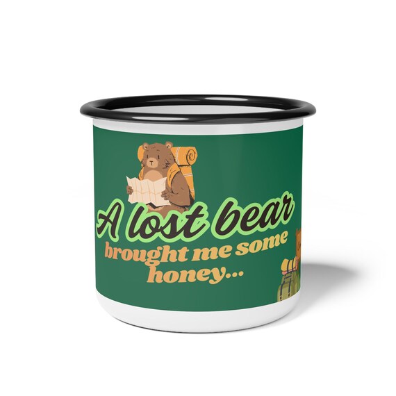 Green Camp cup, Enamel anti-alkali and acid-proof, Outdoors gift, Bear humor illustration, Camper items,